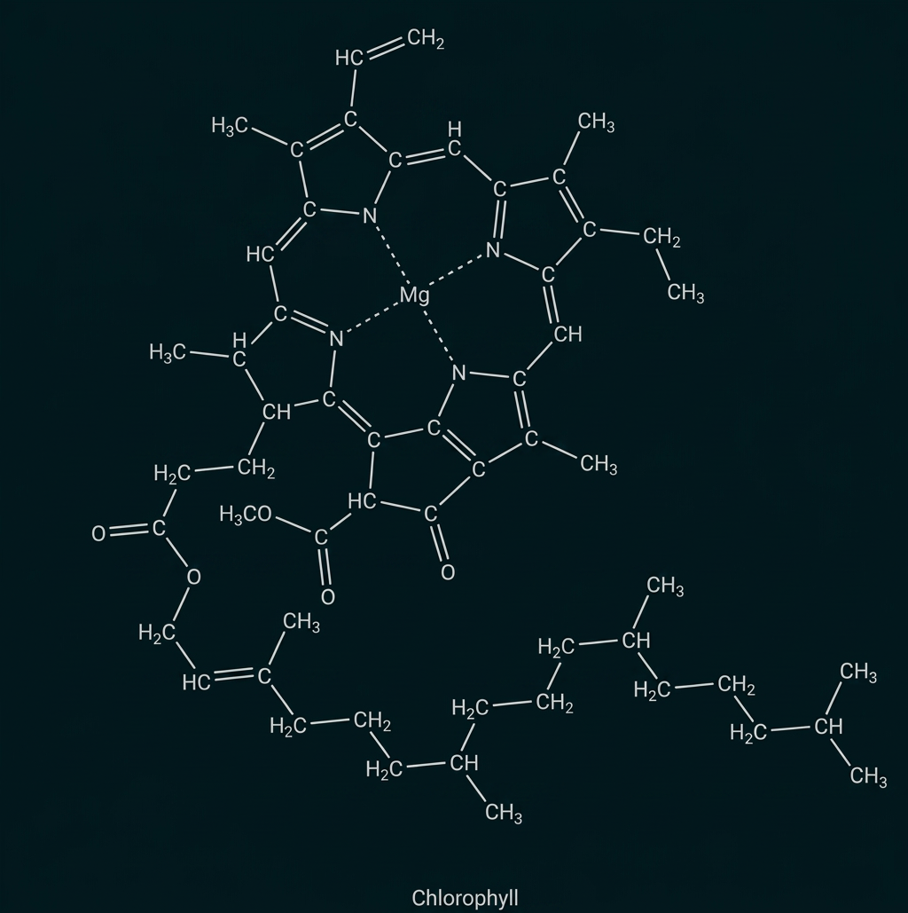 Strukturformel des Chlorophyllmoleküls mit Magnesiumion und langer Seitenkette.